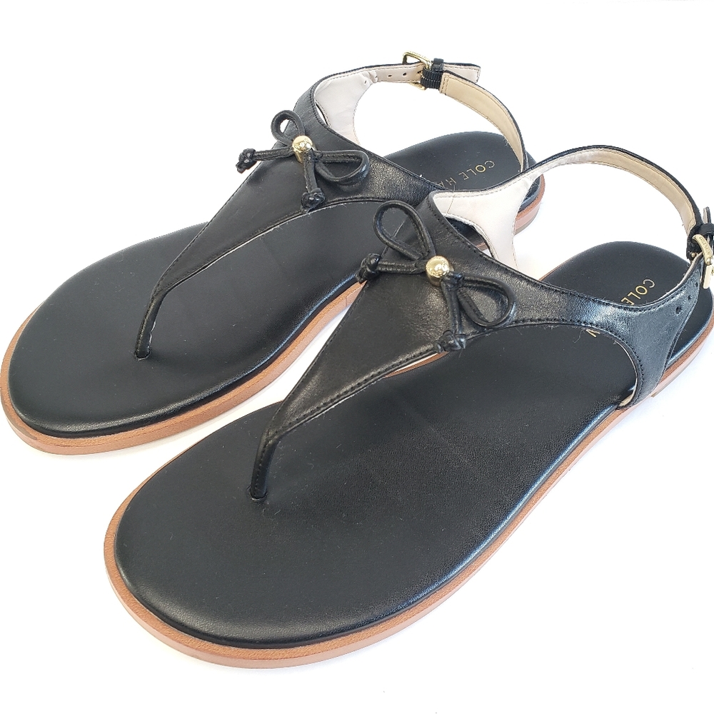COLE HAAN Findra Thong Sandal Black Leather Bow Side Buckle